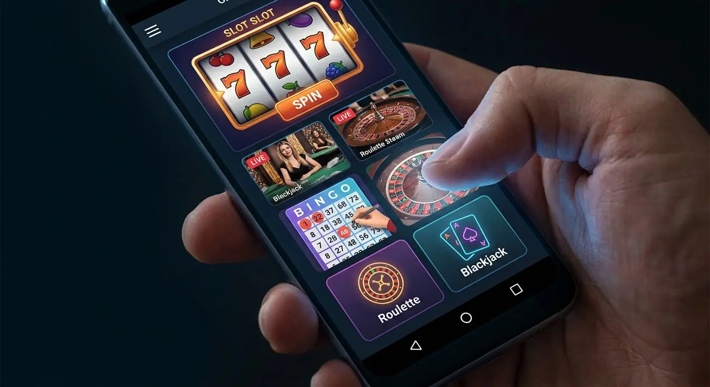 Mobilskärm med slots, live dealer och bingo i PlayOJO-liknande gränssnitt