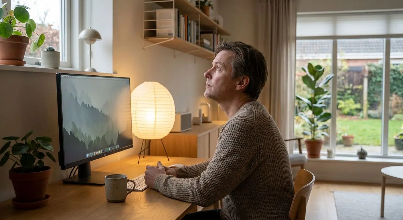 Reflekterande person framför skärm i lugn atmosfär