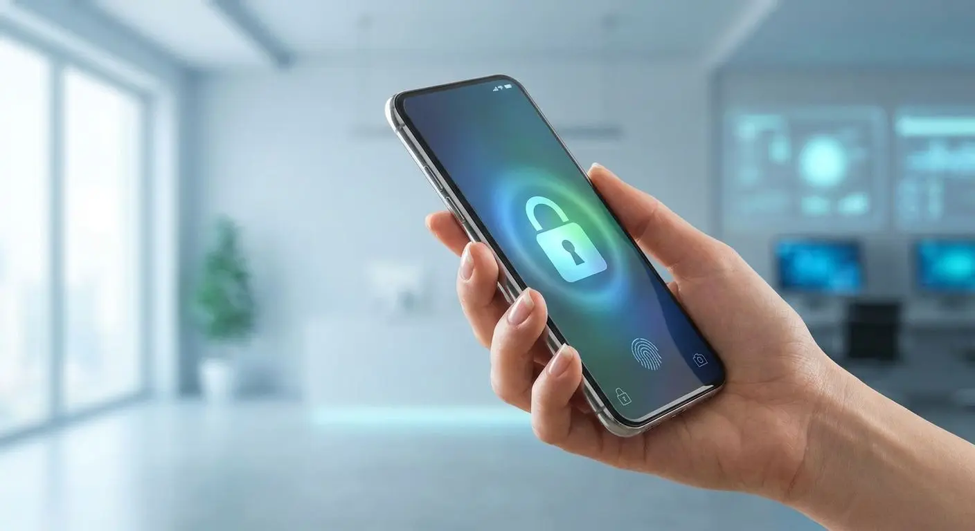 Mobiltelefon med låsikon som symbol för säker användning