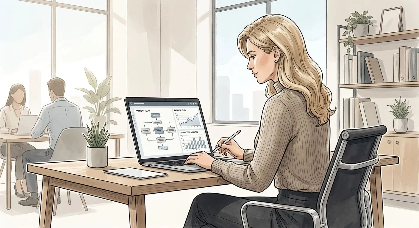 Illustration av skribent som analyserar uttagsmetoder och betalningsflöden