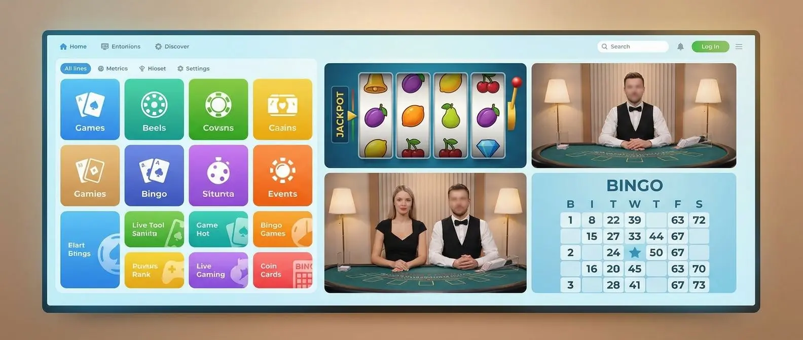 Översiktlig spelkollage med slots, livebord och bingo