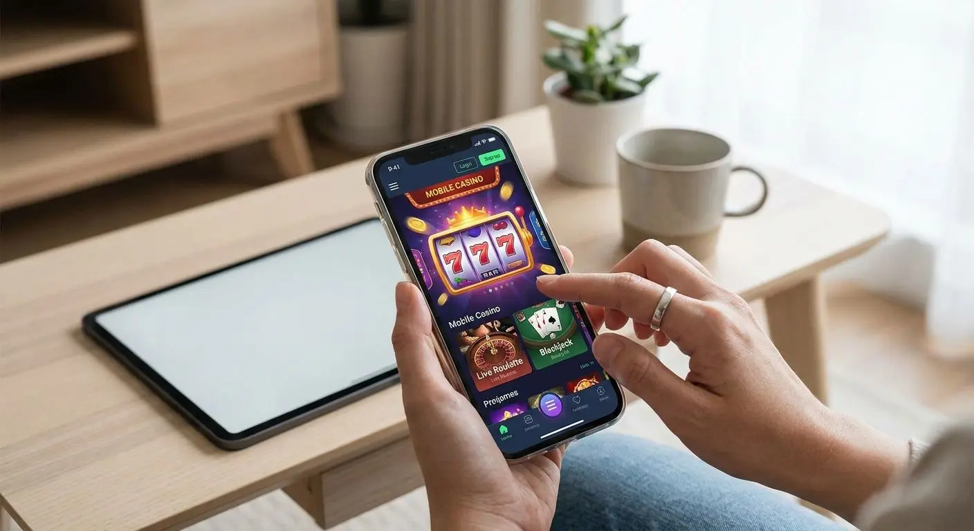 Mobilskärm med slots och live games i responsiv spelmiljö