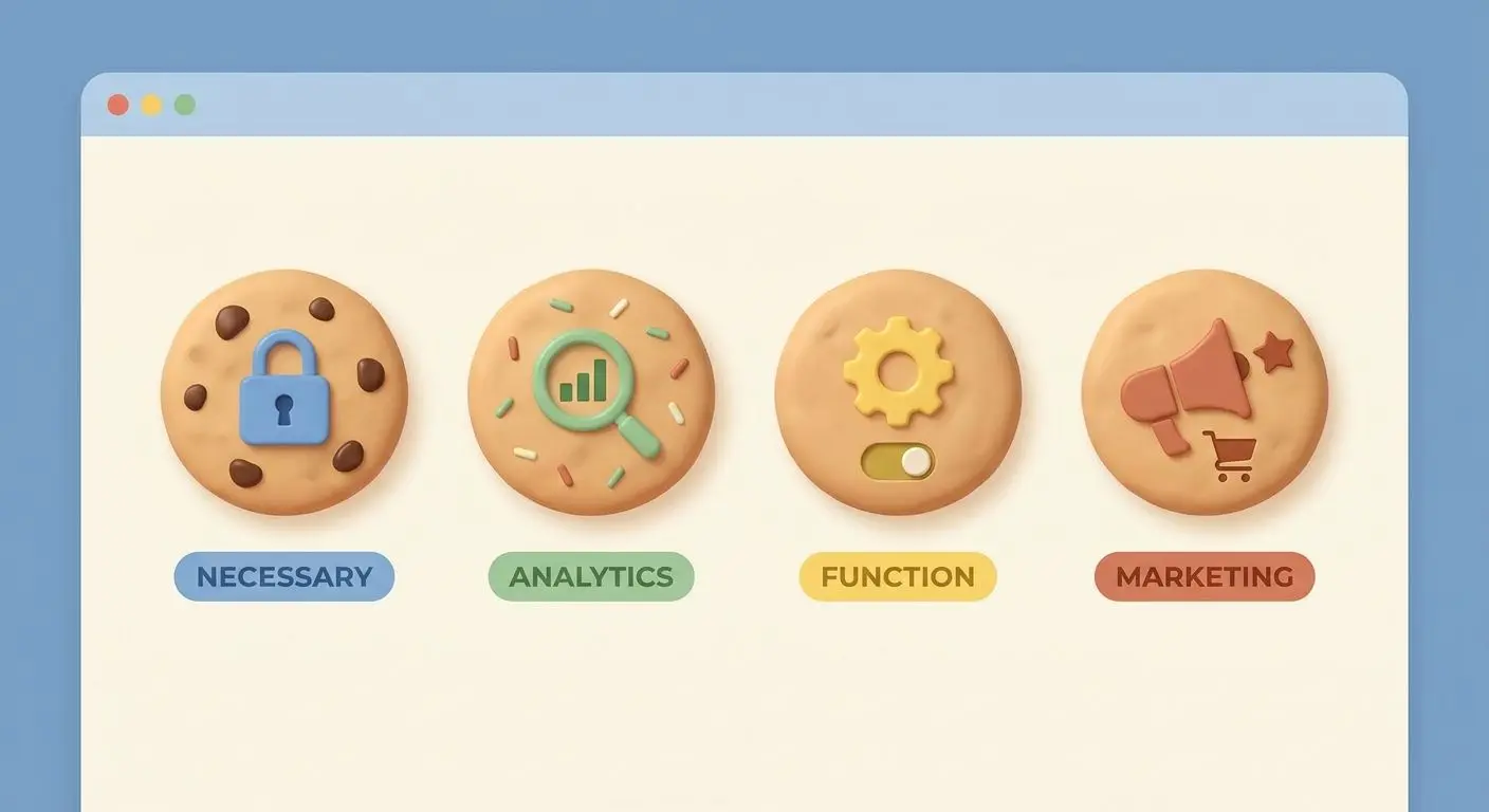 Illustration av cookie-kategorier för nödvändiga, analys, funktion och marknadsföring