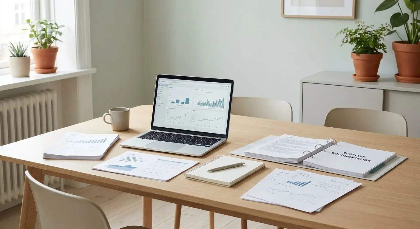 Neutral expertillustration med analys av supportinformation och guider