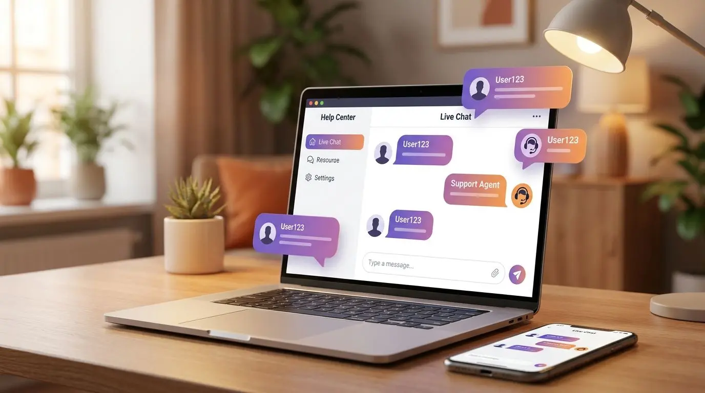 Illustration av livechatt på mobil och dator för snabb support