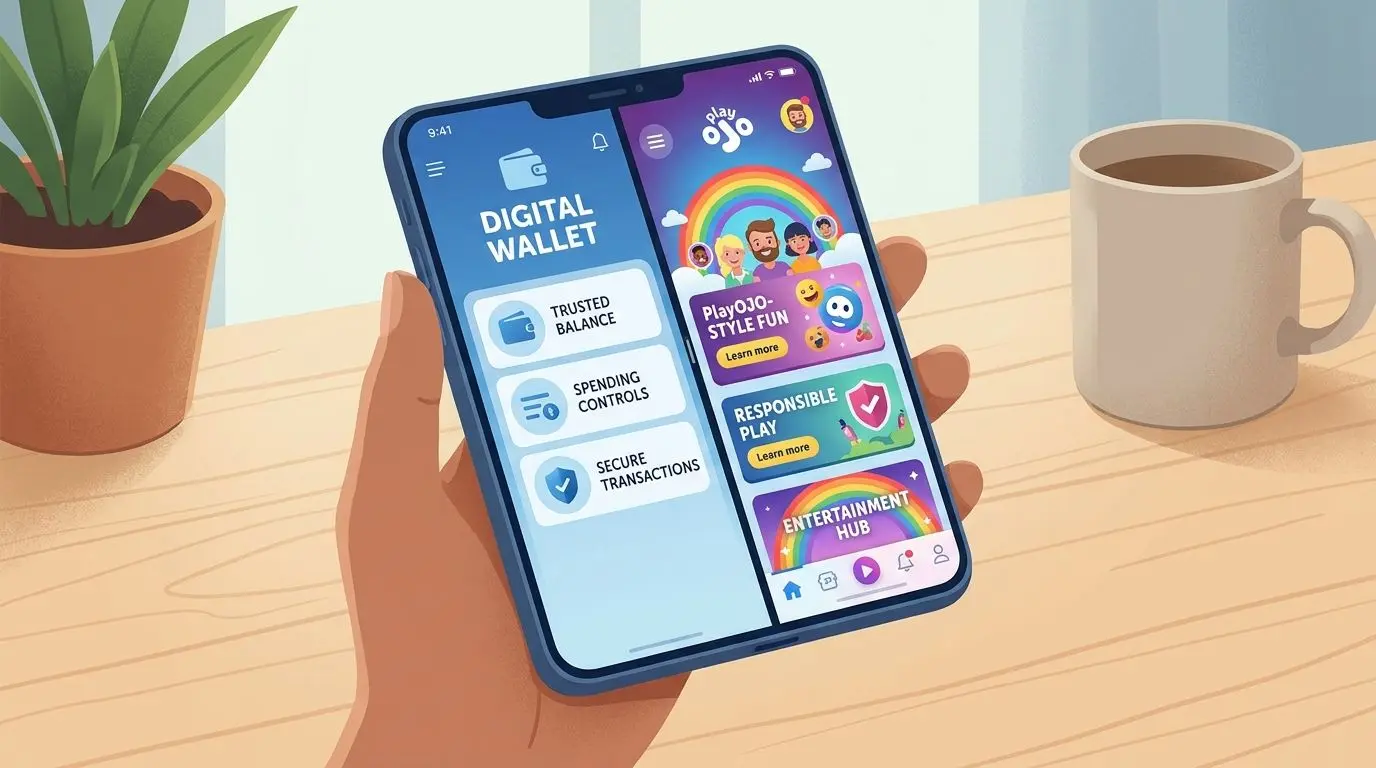 Digital plånbok bredvid PlayOJO på mobil med fokus på trygghet och kontroll