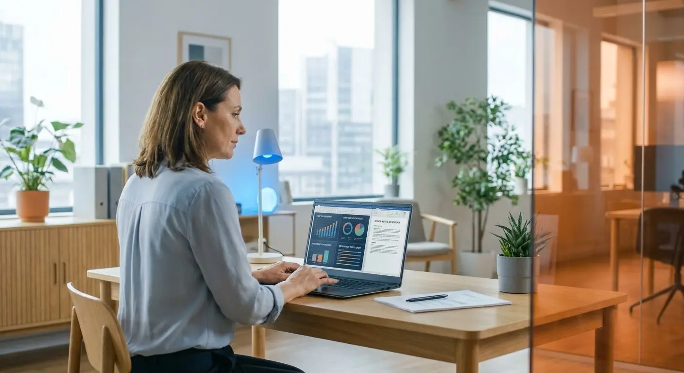 Fiktiv expert analyserar data vid laptop