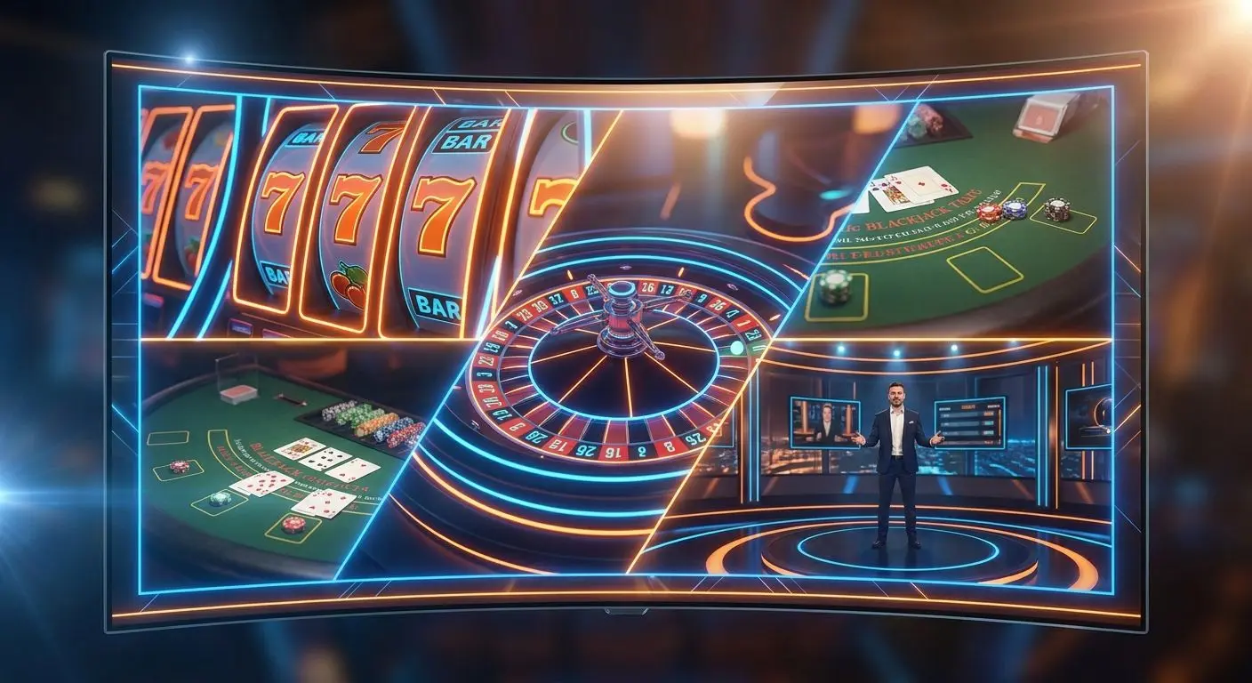 Kollage med slots, roulette och live-spel i PlayOJO-stil