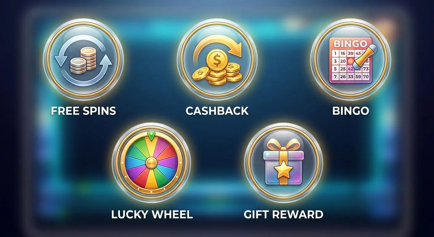 Collage med free spins, cashback, bingo och lyckohjul