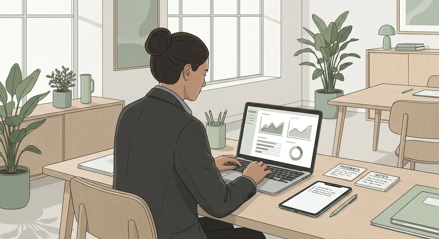 Illustration av analytiker som granskar omdömen och data