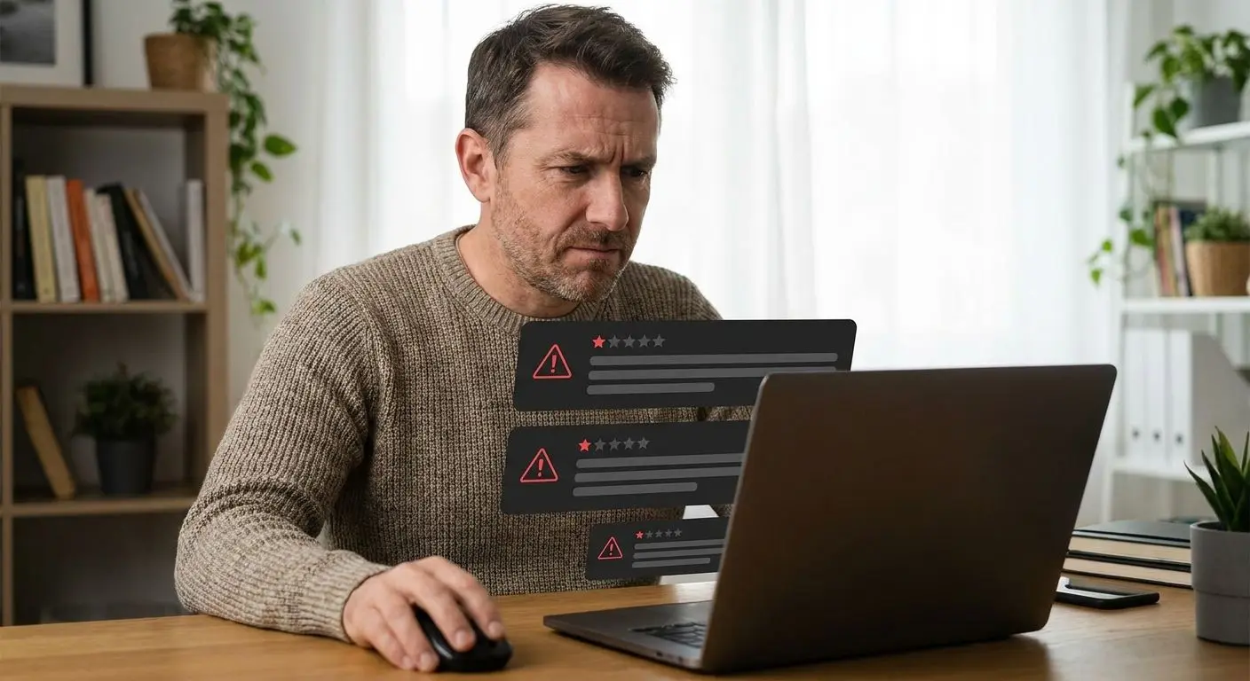 Person som läser negativa recensioner och granskar villkor