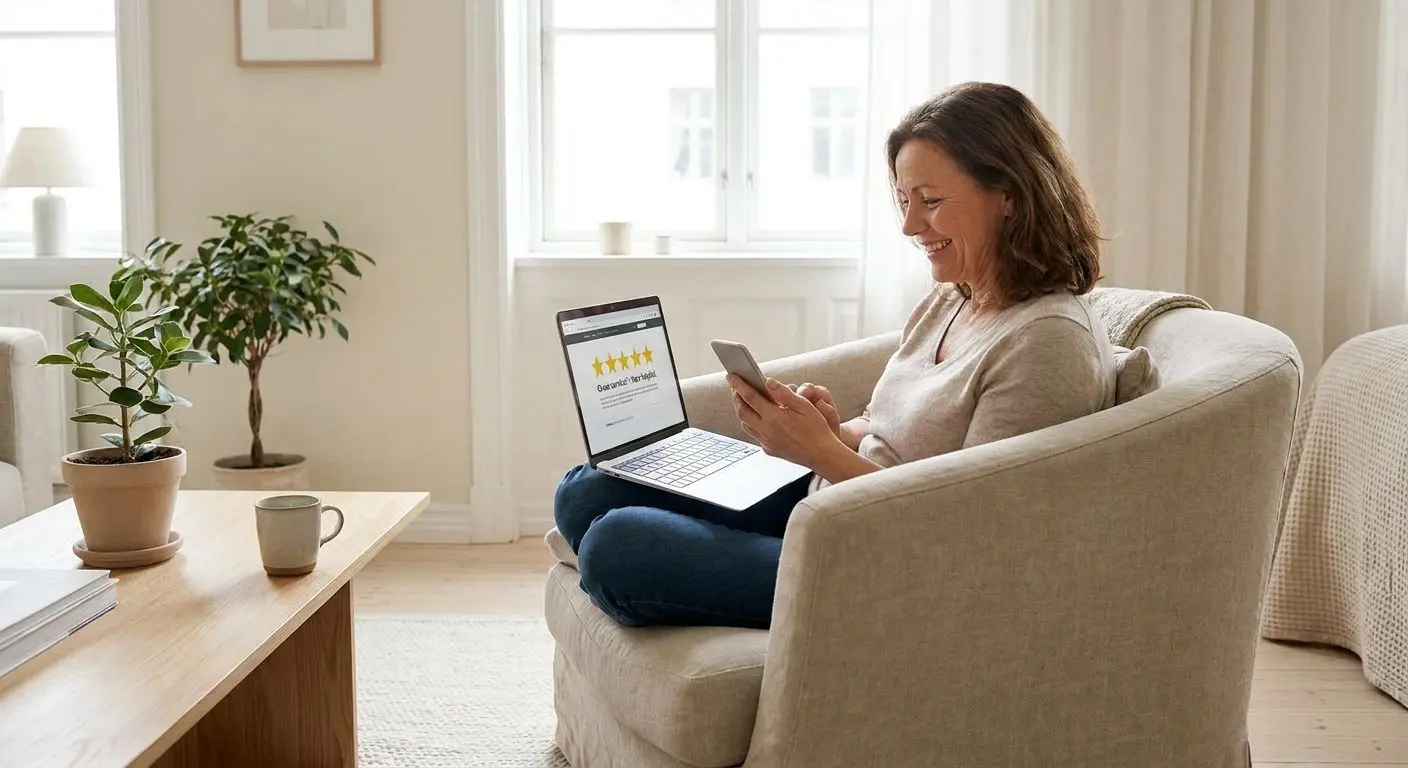 Person som läser positiva online-omdömen på laptop och mobil